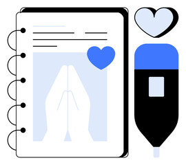 Open spiral notebook with prayer hands graphic, heart icons, and a blue marker. Ideal for spirituality, mindfulness, journaling, love, self-care gratitude reflection. Simple flat metaphor