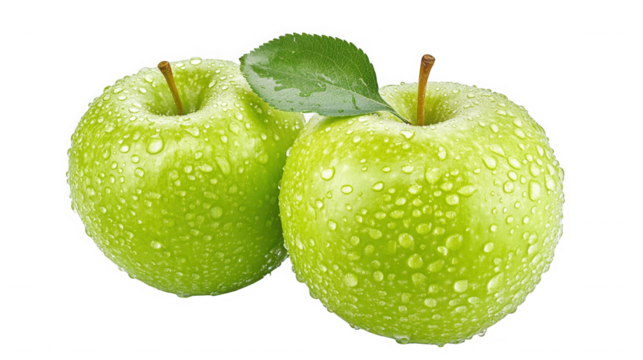 Two green apples with water droplets isolated on transparent background