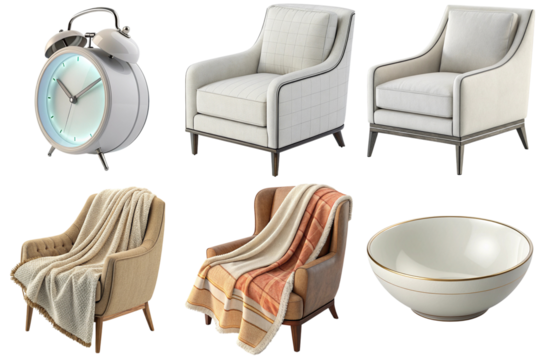 Cozy armchair with throw blanket, ceramic bowl, and vintage alarm clock in neutral interior scene expressing warmth and calm - Powered by Adobe