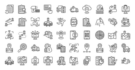 tracking icon set outline collection containing activity, audit trail, barcode, scan, biometric, customer, delivery, digital footprint, distance, event, facial, fleet, flight, health, tracker, log