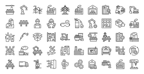 factory icon set outline collection contain assembly line, industrial, robot, energy turbine, building, power plant, manufacturing, warehouse, quality control, supply chain, heavy machinery, conveyor