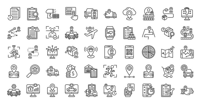 tracking icon set outline collection containing activity, audit trail, barcode, scan, biometric, customer, delivery, digital footprint, distance, event, facial, fleet, flight, health, tracker, log