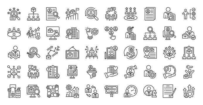 headhunting icon set outline collection containing talent search, job, candidate, resume, career, growth, recruitment process, interview, profile, hiring, skill, assessment, opportunity, application