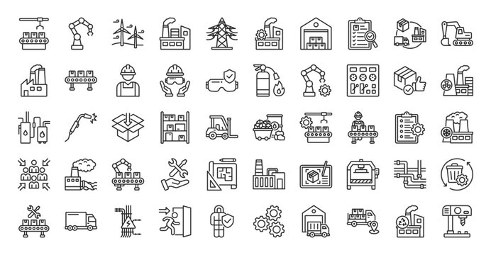 factory icon set outline collection contain assembly line, industrial, robot, energy turbine, building, power plant, manufacturing, warehouse, quality control, supply chain, heavy machinery, conveyor