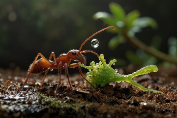 In the midst of the forest's uproar, a minuscule yet industrious titan known as a leaf-cutter ant drags a piece of plants in a tree trunk, its actions magnified in an image adorned with fresh water be