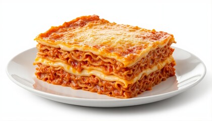 Slice of Lasagna with Tomato Sauce and Melted Cheese on White Plate Isolated on White