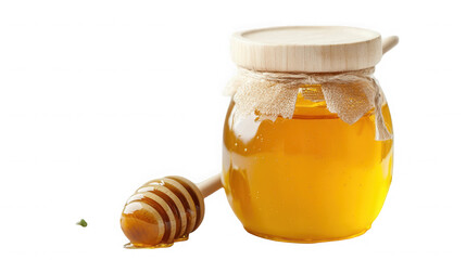 Honey pot with honey dipper isolated on transparent background, healthy food
