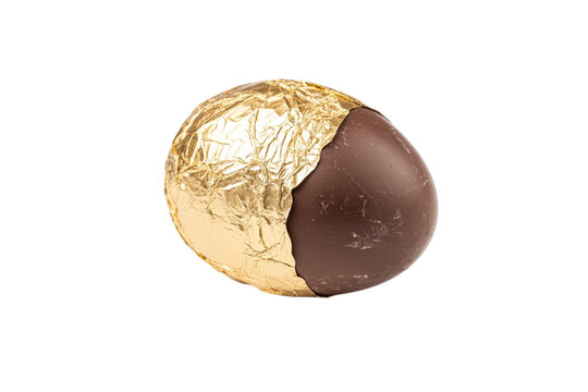 Golden foiled chocolate egg partially unwrapped for display