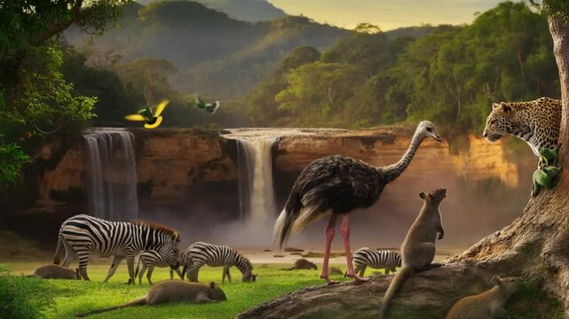 An exotic wildlife scene featuring various animals in their natural environment by a beautiful waterfall. The image features animals like zebra, ostrich, leopard, rodents, etc Stock Video