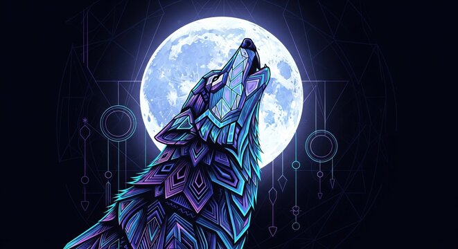 Mystical wolf with ornate mandala patterns howling at the full moon, a spiritual and psychedelic neon illustration on a dark background