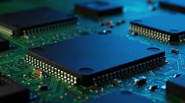 Close up of computer circuit board with processors