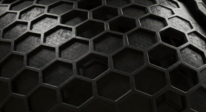 Dark metallic surface features a three dimensional repeating hexagonal grid structure