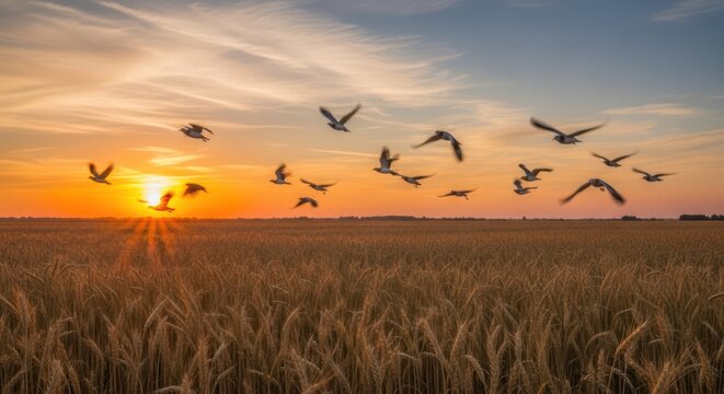 Golden hour flight over wheat field: A serene scene of birds soaring at sunset  countryside charm