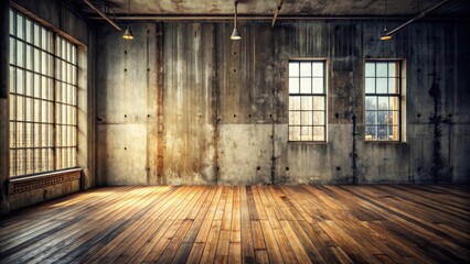 A vintage industrial buildings rustic charm unfolds in this atmospheric shot of an old concrete wall and wooden floor