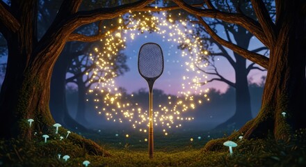 Enchanted forest clearing, a badminton racket stands surrounded by whimsical glowing lights