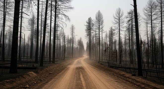 Winding path through a forest landscape devastated by fire creating a somber mood and highlighting