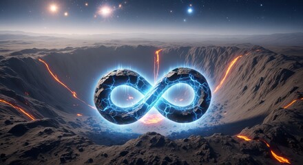 Cosmic perpetuity: An enigmatic infinity symbol hovers over a dramatic landscape of craters