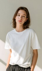 Fototapeta premium Young female model wearing a simple white t-shirt