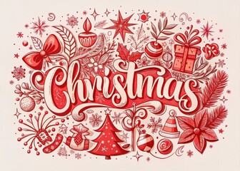 Delicate vector illustrations of festive Christmas doodles with bold red lettering and playful patterns