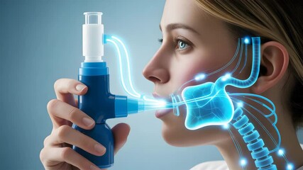 Modern nebulizer therapy for respiratory health with digital futuristic interface overlay - Powered by Adobe