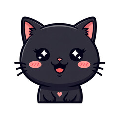 Adorable cartoon black cat with sparkling eyes and a heart on its chest smiling wide on white background