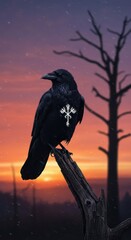 Obraz premium Dark raven with luminous symbol perched on a weathered branch against a dramatic sunset sky