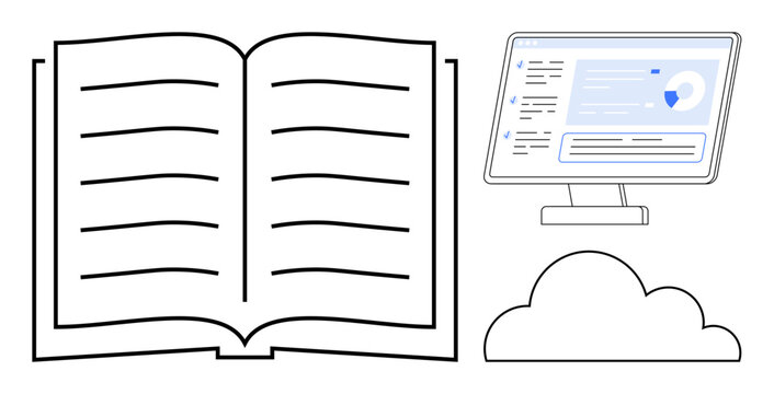 Open book with pages, computer screen displaying analytical data, and cloud element. Ideal for education, technology, data science, cloud computing, innovation, research and digital transformation