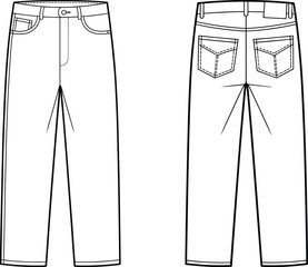 PrintFashion flat sketch of unisex straight leg jeans with front and back pockets, belt loops, denim pants technical drawing template