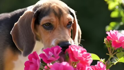 Adorable beagle puppy with floppy ears curiously sniffing the fragrant petals of pink roses in a sun-drenched garden - Powered by Adobe