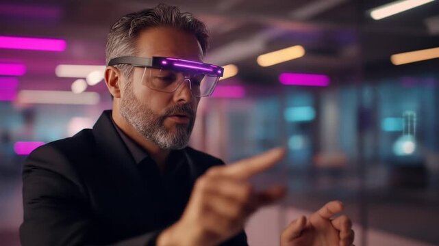 Bearded man wearing futuristic augmented reality eyewear interacting with virtual display innovation concept