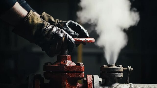 Industrial worker turning large steam valve releasing high pressure vapor