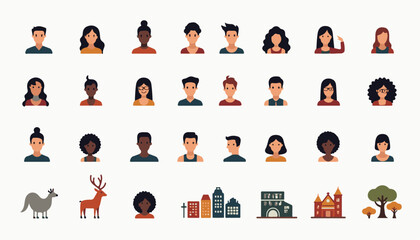Vector set of businesswomen icons in different poses and situations for team and office work illustration