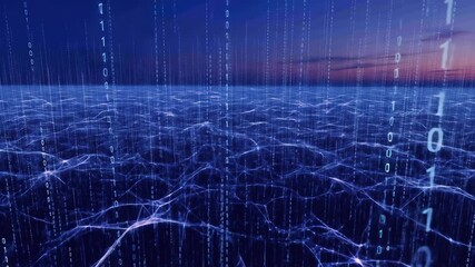 Futuristic network concept with binary code data flowing on sunset background, technology, digital connection, innovation, blue and white. - Powered by Adobe