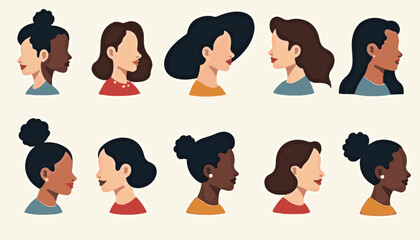 Set of black vector female profile silhouettes with various hairstyles