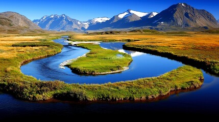 Fototapeta premium Winding River Flowing Through Lush Landscape Mountain Range Background Scenic Nature Photography Daylight Viewpoint
