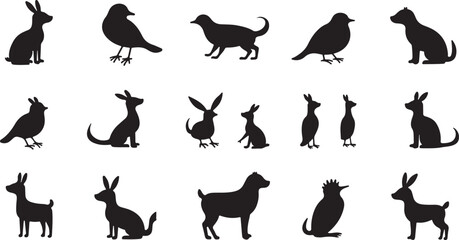 Vector illustration set of black animal silhouettes including cat, dog, rabbit, bird, and mouse icons