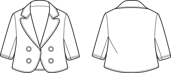 PrintFashion flat sketch of women’s double-breasted blazer front and back view, stylish formal jacket design, apparel technical drawing template © MstMahannahara