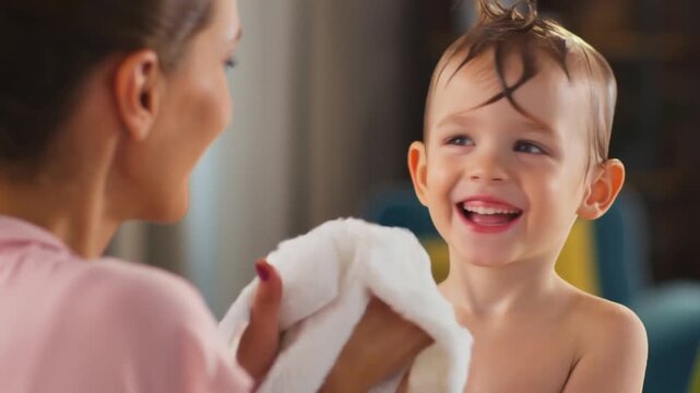 A tender moment of a mother drying her joyful child with a towel after bath Stock Video