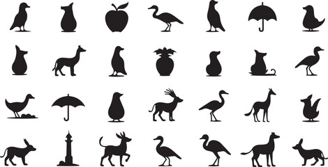 Vector silhouette animal illustration set collection including cat, bird, dog, fish, bear, and other black icons for design
