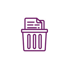 Purple outline of a trash can with paper documents inside isolated on transparent background