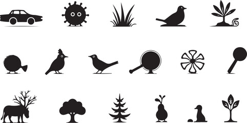 Set of wildlife bird and animal silhouettes vector illustration for nature design