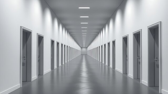 vanishing. An endless grey and white corridor with identical repeating doorways. real-estate listings, architecture portfolios, designed for real-estate listing and luxury residence showcases.