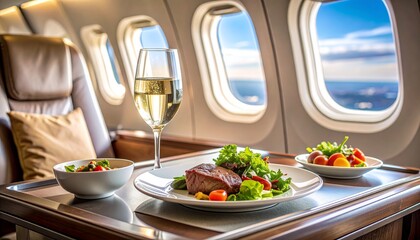 Gourmet Meal on Airplane: Steak, Salad, Wine, and Scenic Sky View from Window