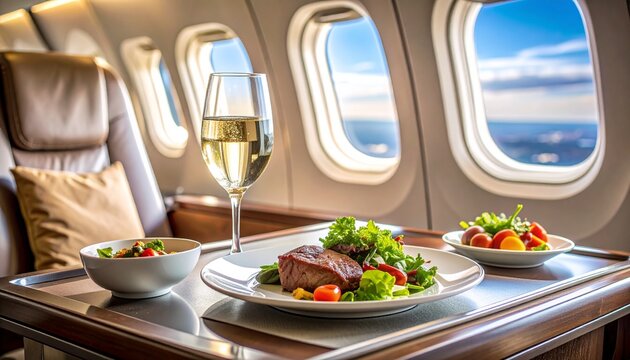 Gourmet Meal on Airplane: Steak, Salad, Wine, and Scenic Sky View from Window - Powered by Adobe