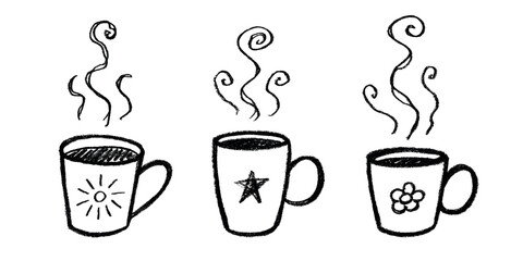Set of cup of tea or coffee with rising steam Simple mug clipart Cozy home doodle Single element for print, web, design, decor