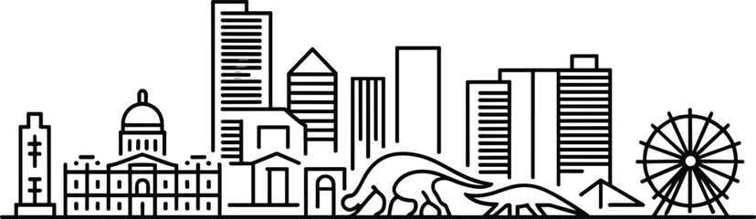 Stylized cityscape illustration, clock tower, capitol dome, skyscrapers, dinosaur sculpture, Ferris wheel, urban landmarks, cultural icons, black white line art