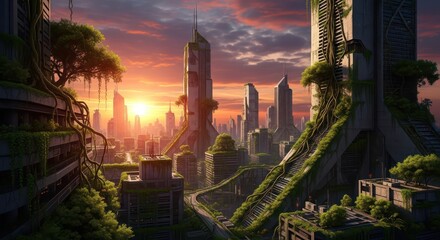 Futuristic cityscape overtaken by nature with vibrant sunset over dystopian skyline