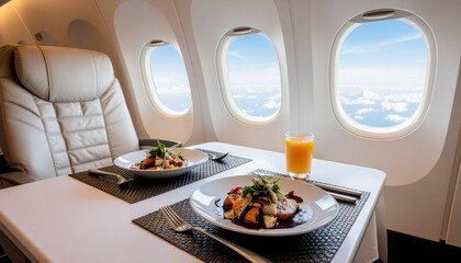 Luxurious private jet dining experience with gourmet meals and orange juice, overlooking clouds