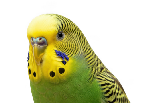 Close up of a green and yellow budgie isolated on transparent background - Powered by Adobe