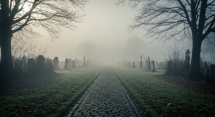 Eerie pathway through a fog-shrouded cemetery evoking mystery and solemn contemplation on